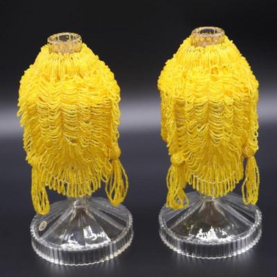 Pair of Antique Czechoslovakian Crystal Candlesticks and Beaded Yellow Fringe Shades