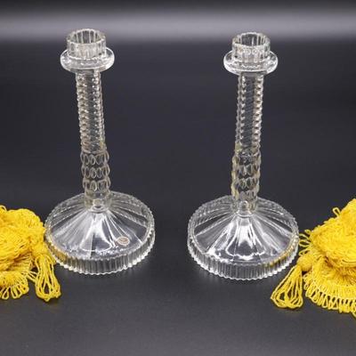 Pair of Antique Czechoslovakian Crystal Candlesticks and Beaded Yellow Fringe Shades