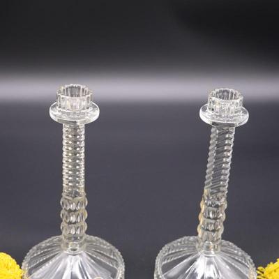 Pair of Antique Czechoslovakian Crystal Candlesticks and Beaded Yellow Fringe Shades
