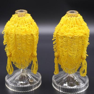 Pair of Antique Czechoslovakian Crystal Candlesticks and Beaded Yellow Fringe Shades