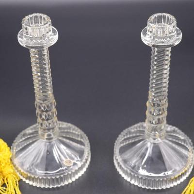 Pair of Antique Czechoslovakian Crystal Candlesticks and Beaded Yellow Fringe Shades