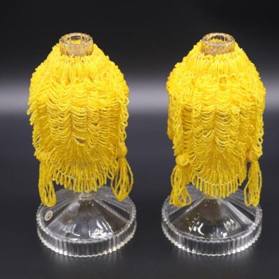 Pair of Antique Czechoslovakian Crystal Candlesticks and Beaded Yellow Fringe Shades