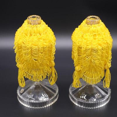 Pair of Antique Czechoslovakian Crystal Candlesticks and Beaded Yellow Fringe Shades
