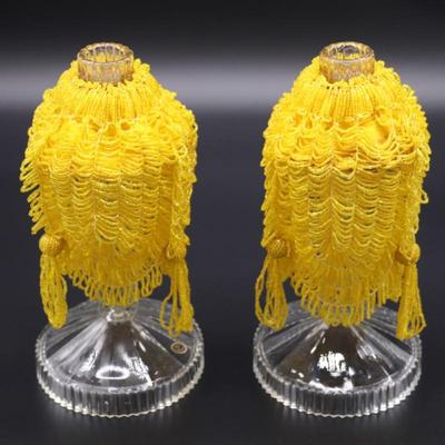 Pair of Antique Czechoslovakian Crystal Candlesticks and Beaded Yellow Fringe Shades