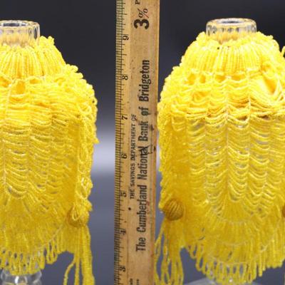 Pair of Antique Czechoslovakian Crystal Candlesticks and Beaded Yellow Fringe Shades
