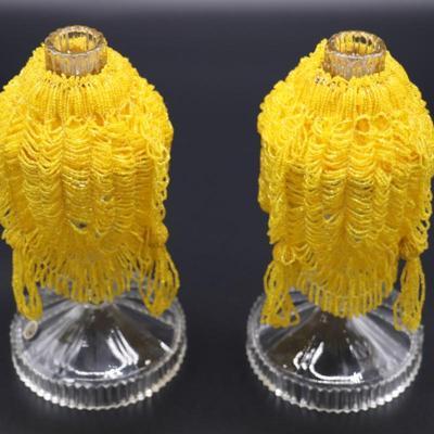 Pair of Antique Czechoslovakian Crystal Candlesticks and Beaded Yellow Fringe Shades