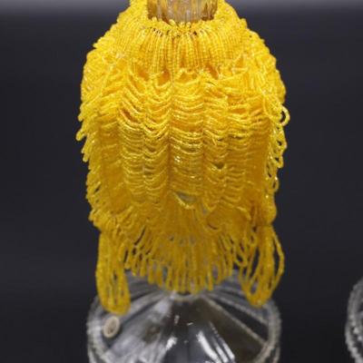 Pair of Antique Czechoslovakian Crystal Candlesticks and Beaded Yellow Fringe Shades
