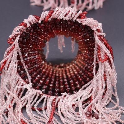 Pair of Deep Red and White Beaded Antique Bulb Cover Lamp Shades