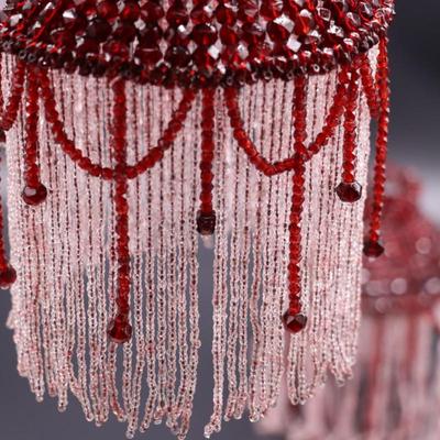 Pair of Deep Red and White Beaded Antique Bulb Cover Lamp Shades