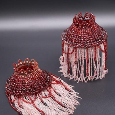 Pair of Deep Red and White Beaded Antique Bulb Cover Lamp Shades