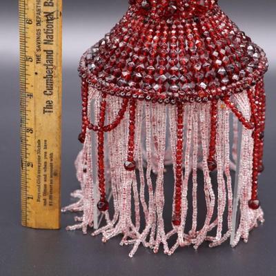 Pair of Deep Red and White Beaded Antique Bulb Cover Lamp Shades