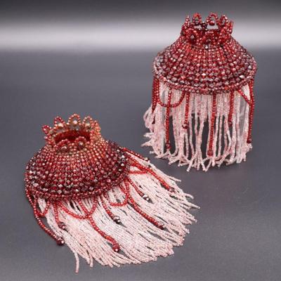 Pair of Deep Red and White Beaded Antique Bulb Cover Lamp Shades