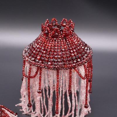 Pair of Deep Red and White Beaded Antique Bulb Cover Lamp Shades