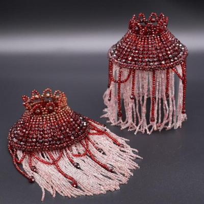 Pair of Deep Red and White Beaded Antique Bulb Cover Lamp Shades