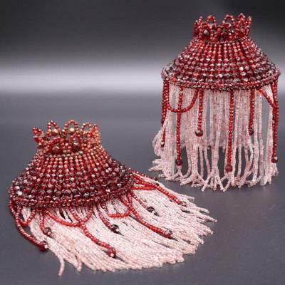 Pair of Deep Red and White Beaded Antique Bulb Cover Lamp Shades