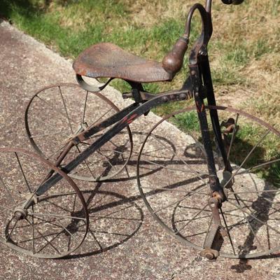 Antique Victorian Tricycle with Decorated Metal Frame and Original Leather Seat