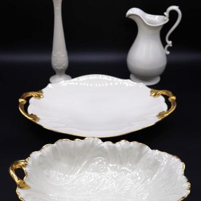 Lot of Cream and Gold Lenox Serving Platters, Pitcher, and Vase