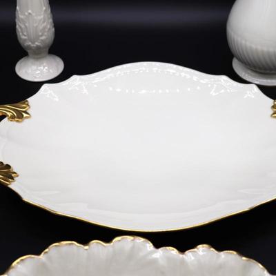 Lot of Cream and Gold Lenox Serving Platters, Pitcher, and Vase