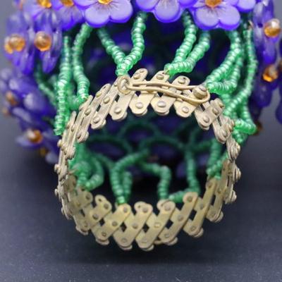 Pair of Antique Czech Purple, Green, and Orange Beaded Flower Bulb Covers