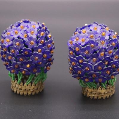 Pair of Antique Czech Purple, Green, and Orange Beaded Flower Bulb Covers