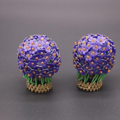 Pair of Antique Czech Purple, Green, and Orange Beaded Flower Bulb Covers