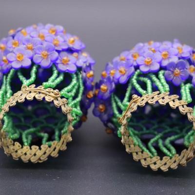 Pair of Antique Czech Purple, Green, and Orange Beaded Flower Bulb Covers