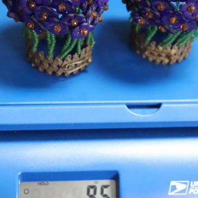 Pair of Antique Czech Purple, Green, and Orange Beaded Flower Bulb Covers