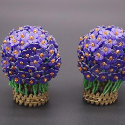 Pair of Antique Czech Purple, Green, and Orange Beaded Flower Bulb Covers