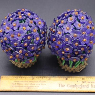 Pair of Antique Czech Purple, Green, and Orange Beaded Flower Bulb Covers