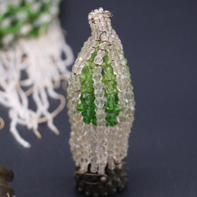 Lot of 4 Antique Green and Clear Glass Bead Bulb Covers and Lamp Shades