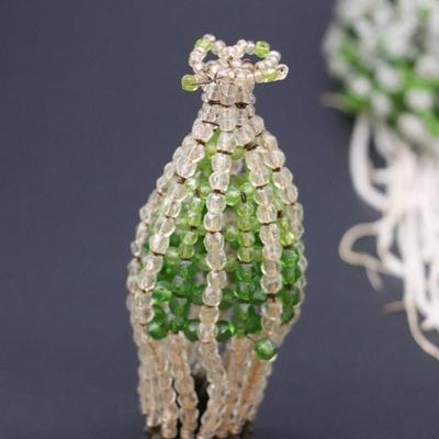 Lot of 4 Antique Green and Clear Glass Bead Bulb Covers and Lamp Shades