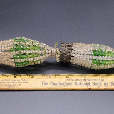 Lot of 4 Antique Green and Clear Glass Bead Bulb Covers and Lamp Shades
