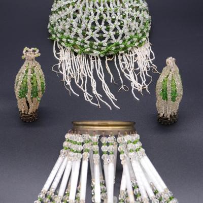 Lot of 4 Antique Green and Clear Glass Bead Bulb Covers and Lamp Shades
