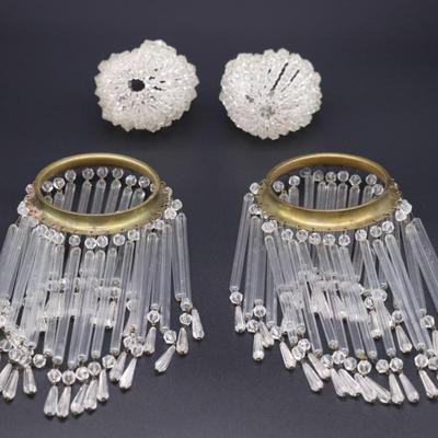 Lot of 4 Antique Clear Glass Bead Bulb Covers and Fringe Lamp Shades