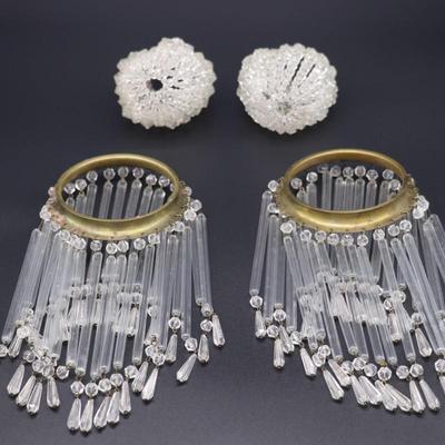 Lot of 4 Antique Clear Glass Bead Bulb Covers and Fringe Lamp Shades