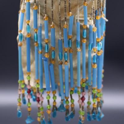 Pair of Antique Art Deco Blue Bead Fringe Bulb Cover Lamp Shades