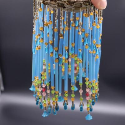Pair of Antique Art Deco Blue Bead Fringe Bulb Cover Lamp Shades