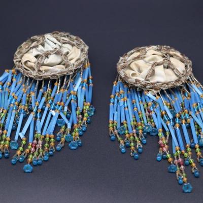 Pair of Antique Art Deco Blue Bead Fringe Bulb Cover Lamp Shades