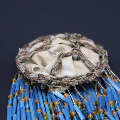 Pair of Antique Art Deco Blue Bead Fringe Bulb Cover Lamp Shades