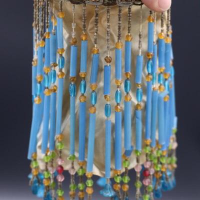Pair of Antique Art Deco Blue Bead Fringe Bulb Cover Lamp Shades