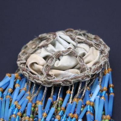 Pair of Antique Art Deco Blue Bead Fringe Bulb Cover Lamp Shades