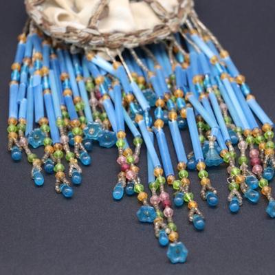 Pair of Antique Art Deco Blue Bead Fringe Bulb Cover Lamp Shades