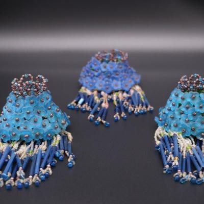 Lot of 3 Antique Czechoslovakian Blue Flower Beaded Fringe Lamp Shades