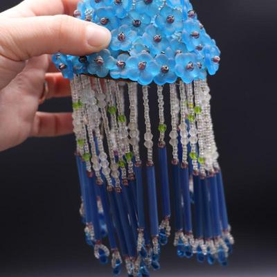 Lot of 3 Antique Czechoslovakian Blue Flower Beaded Fringe Lamp Shades