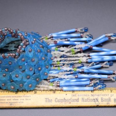 Lot of 3 Antique Czechoslovakian Blue Flower Beaded Fringe Lamp Shades