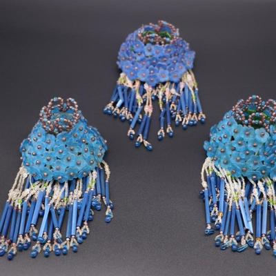 Lot of 3 Antique Czechoslovakian Blue Flower Beaded Fringe Lamp Shades