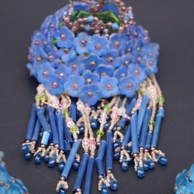 Lot of 3 Antique Czechoslovakian Blue Flower Beaded Fringe Lamp Shades
