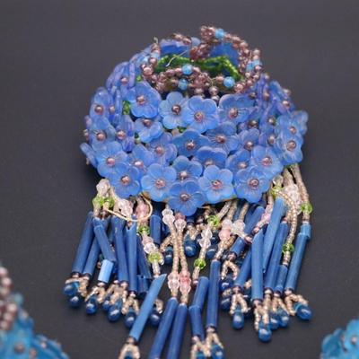 Lot of 3 Antique Czechoslovakian Blue Flower Beaded Fringe Lamp Shades