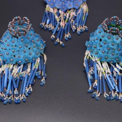 Lot of 3 Antique Czechoslovakian Blue Flower Beaded Fringe Lamp Shades