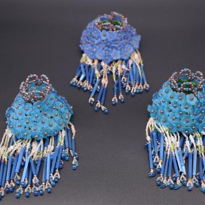 Lot of 3 Antique Czechoslovakian Blue Flower Beaded Fringe Lamp Shades